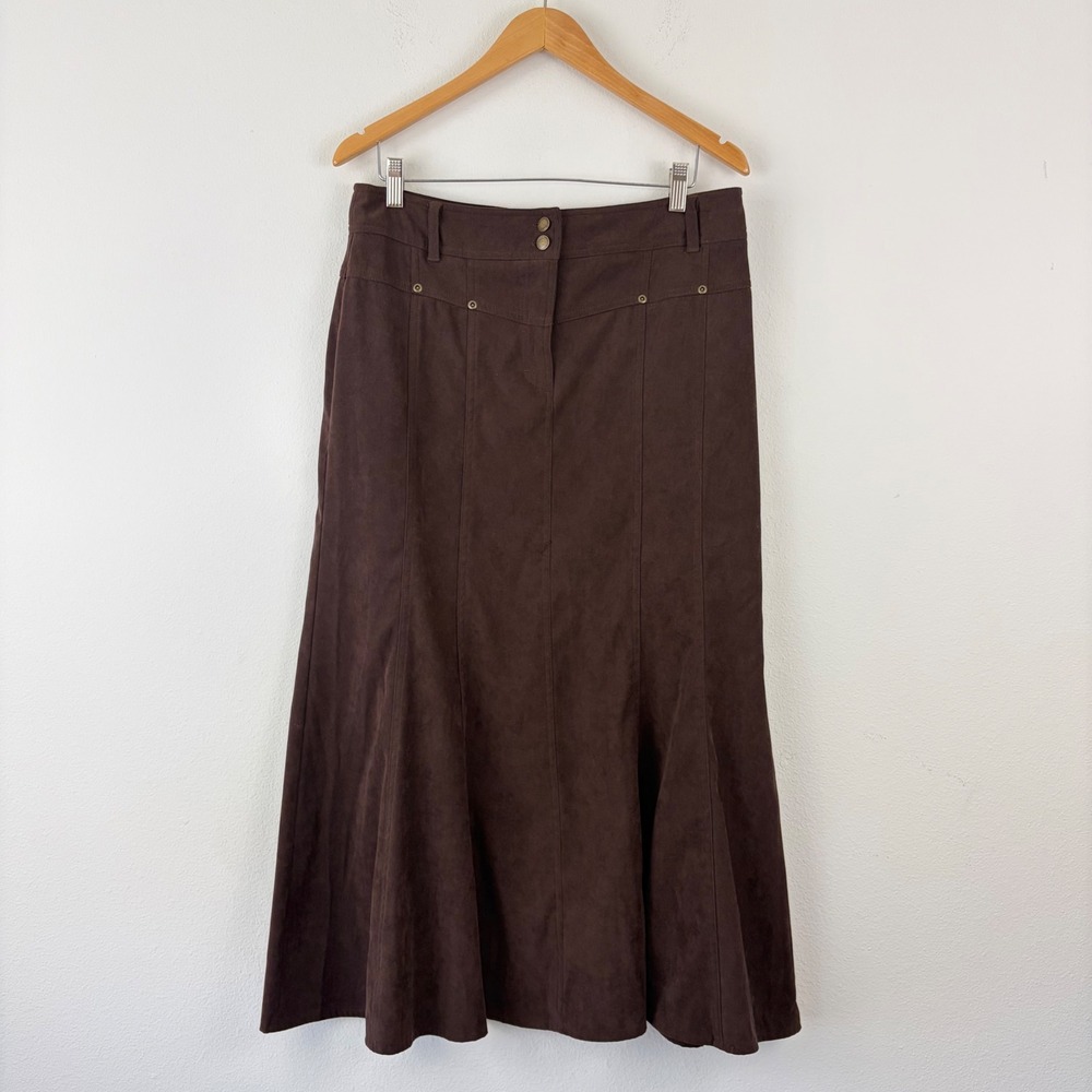 Vintage Boho Chocolate Brown Faux Suede Flare Midi CATO Skirt Womens Size 10